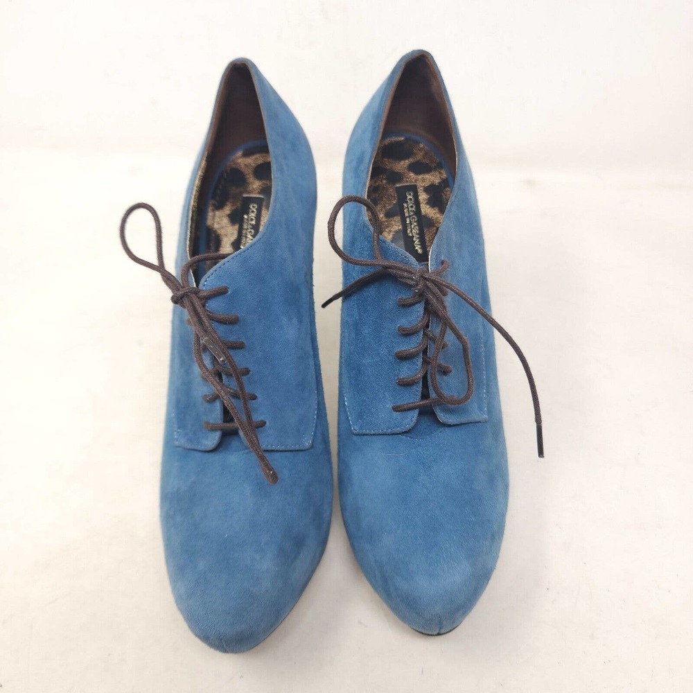 Dolce Gabbana Womens Booties Blue Suede Leather Oxford Lace Up Stiletto 39.5 9.5 - Picture 6 of 9
